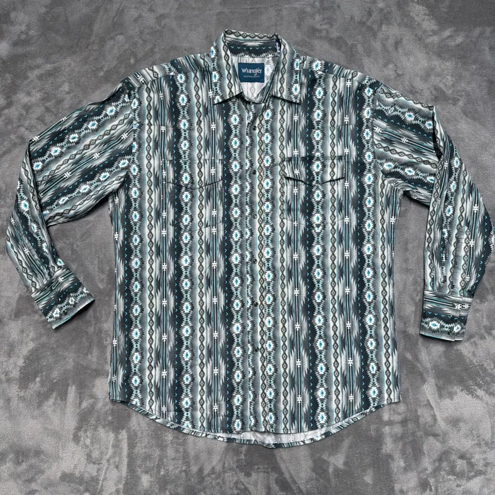 Wrangler Brush‎ Popper Shirt Mens Large Blue Aztec Southwestern Pearl Snap